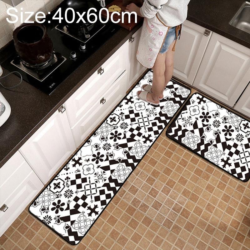 ELECTROPRIME Geometric Lattice Carpet Kitchen Bath Antiskid Mat, Size:40x60cm(Black White Flower)