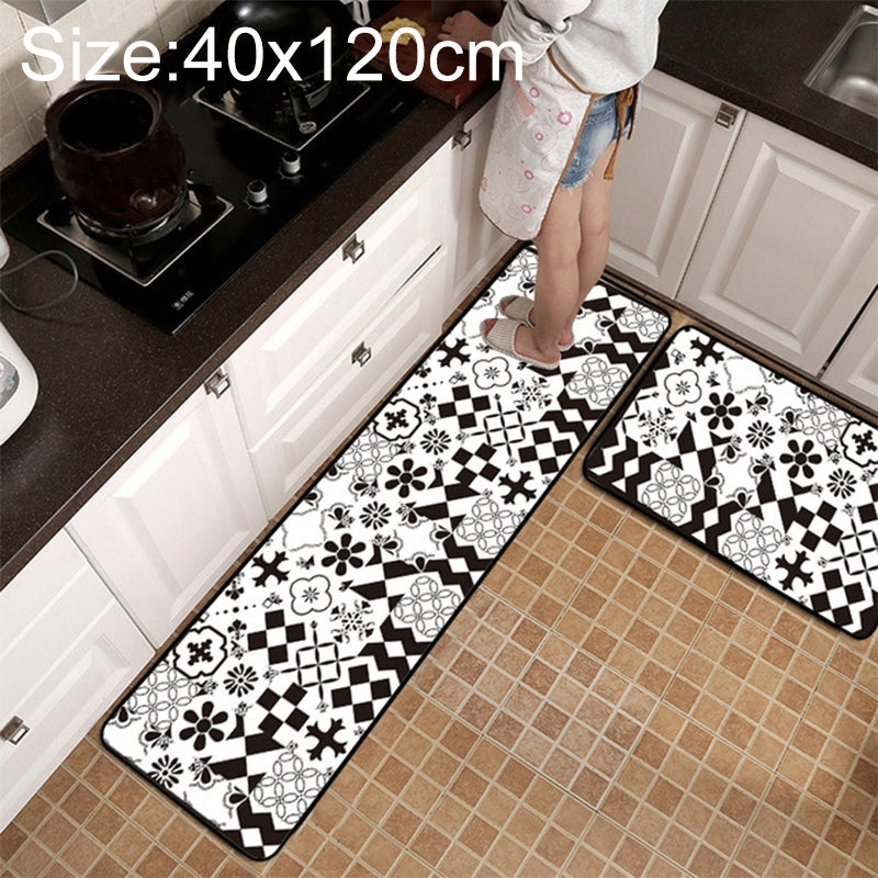ELECTROPRIME Geometric Lattice Carpet Kitchen Bath Antiskid Mat, Size:40x120cm(Black White Flower)