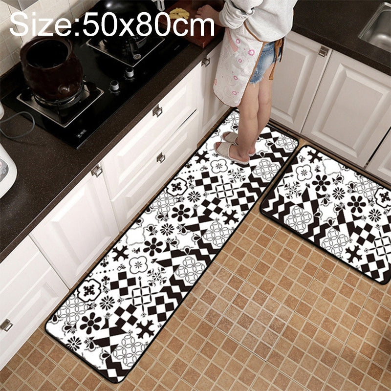 ELECTROPRIME Geometric Lattice Carpet Kitchen Bath Antiskid Mat, Size:50x80cm(Black White Flower)