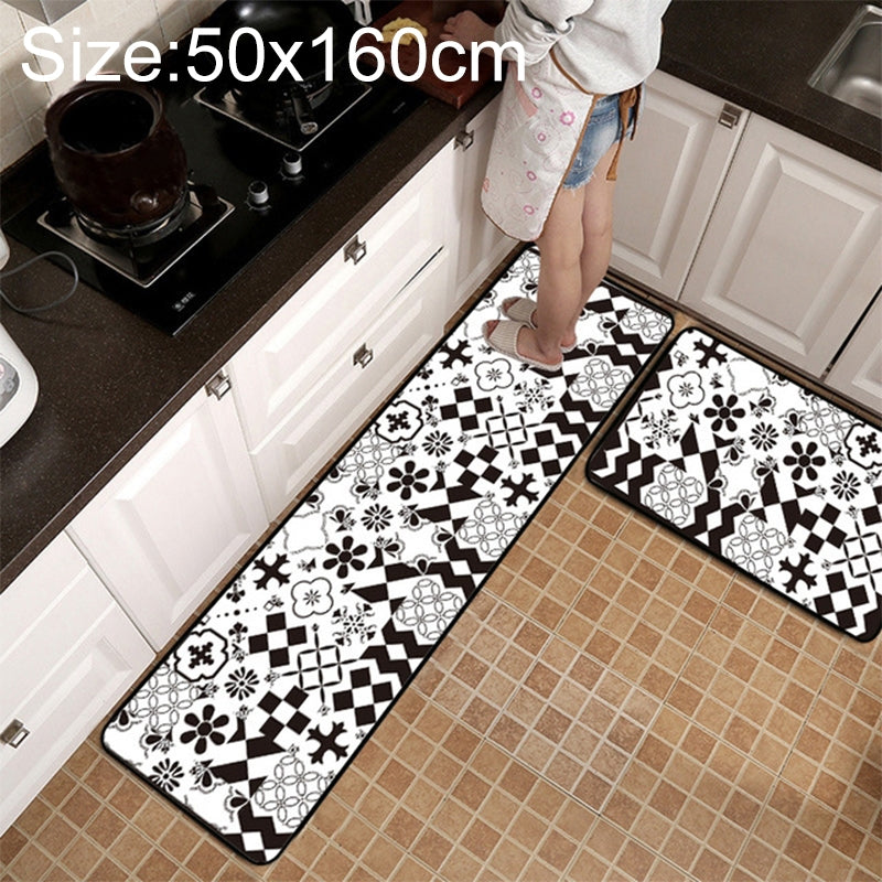 ELECTROPRIME Geometric Lattice Carpet Kitchen Bath Antiskid Mat, Size:50x160cm(Black White Flower)