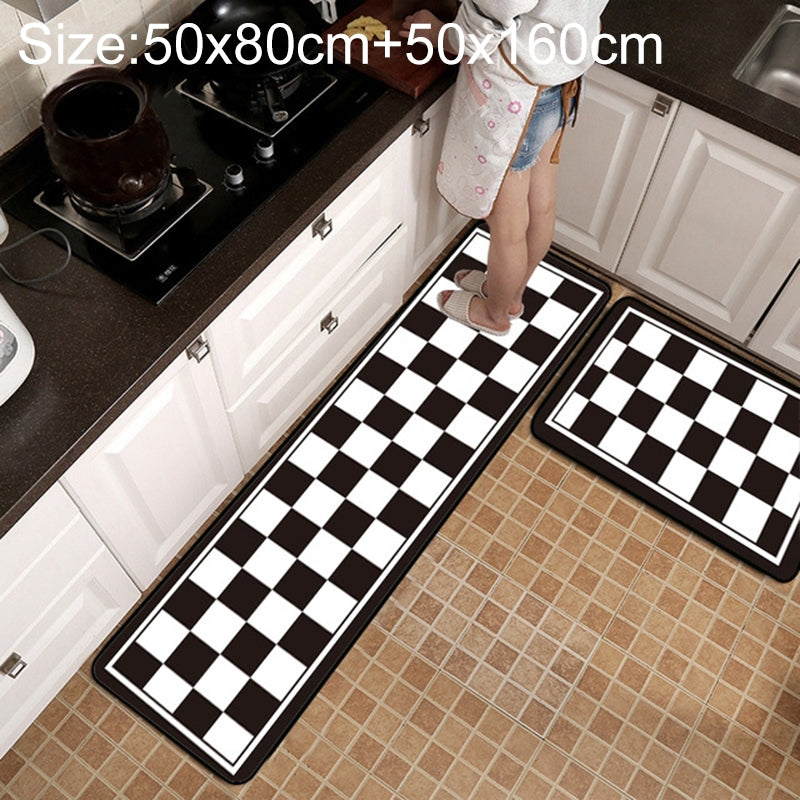 ELECTROPRIME Geometric Lattice Carpet Kitchen Bath Antiskid Mat, Size:50x80cm + 50x160cm(Black White Plaid)
