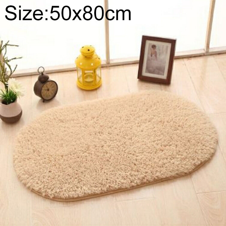ELECTROPRIME Faux Fur Rug Anti-slip Solid Bath Carpet Kids Room Door Mats Oval  Bedroom Living Room Rugs, Size:50x80cm(Light Camel)