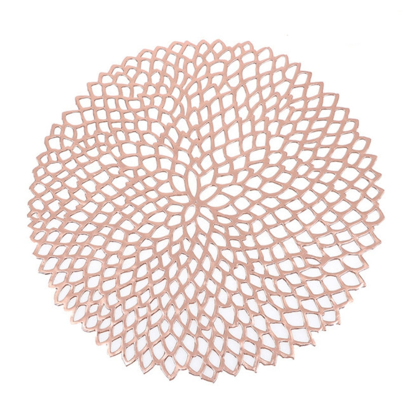 ELECTROPRIME Table Bowl Mats Home Decor Placemat For Dining Table PVC Plastic Hollow Insulation Round Baroque Mediterranean Coaster Pads(Rose Gold)