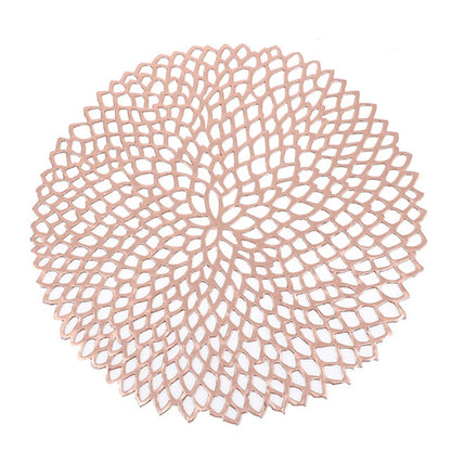 ELECTROPRIME Table Bowl Mats Home Decor Placemat For Dining Table PVC Plastic Hollow Insulation Round Baroque Mediterranean Coaster Pads(Rose Gold)