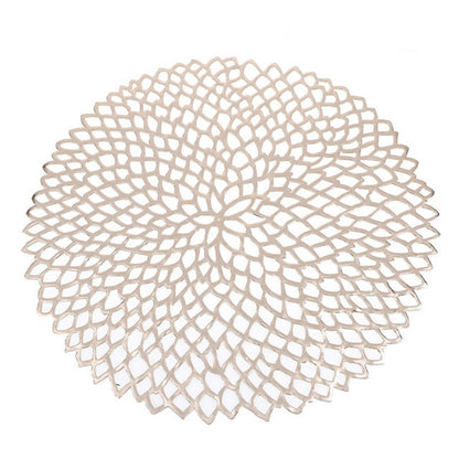ELECTROPRIME Table Bowl Mats Home Decor Placemat For Dining Table PVC Plastic Hollow Insulation Round Baroque Mediterranean Coaster Pads(Champagne)