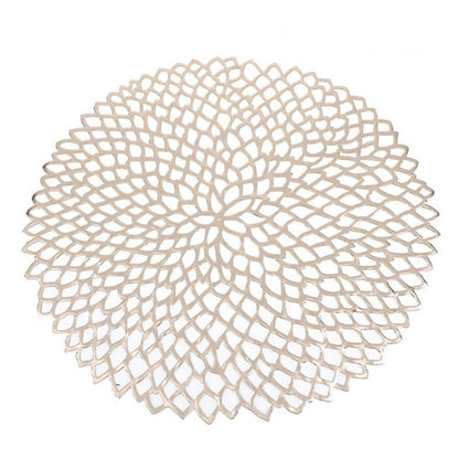 ELECTROPRIME Table Bowl Mats Home Decor Placemat For Dining Table PVC Plastic Hollow Insulation Round Baroque Mediterranean Coaster Pads(Champagne)