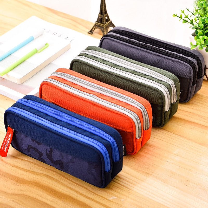 ELECTROPRIME Camouflage Pencilcase Nylon Canvas Double Zipper Pen Bag(Navy Blue)