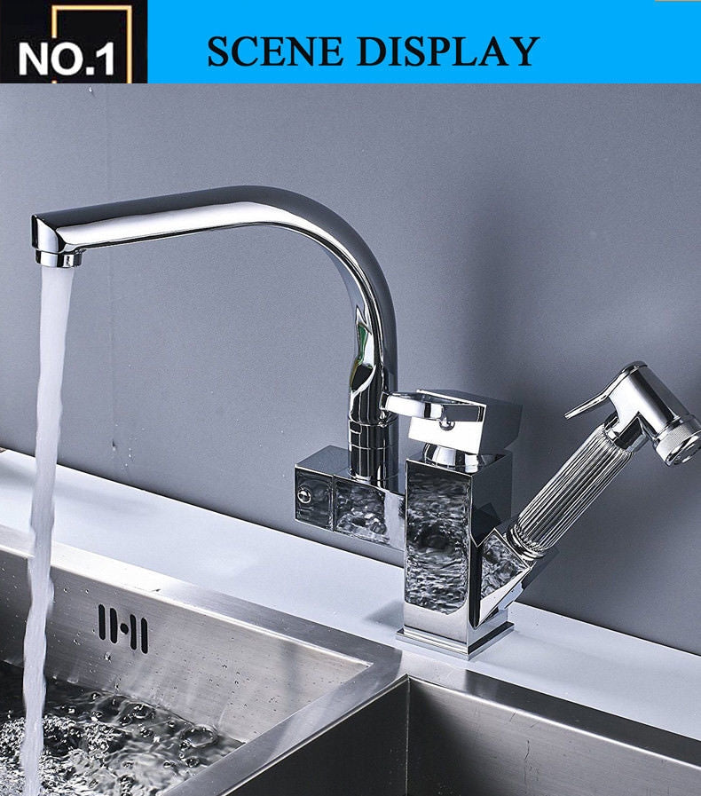 ELECTROPRIME Kitchen Faucet Mixer Tap Single Handle Two Swivel Spouts Hot Cold Water Tap Pull Out Flushing Spray Tap