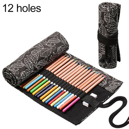 ELECTROPRIME Cute Leaf Portable Canvas School Pencil Case Pen Bag Stationery Pouch(Black leaf 12 holes)