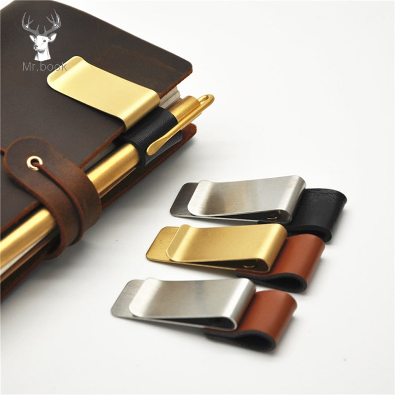 ELECTROPRIME Metal Leather Pen Holder Stainless Steel Pencil Clip Notebook Pen Holder(Gold-Brown)