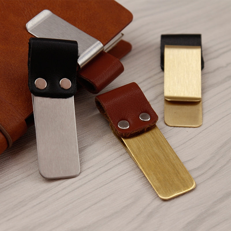 ELECTROPRIME Metal Leather Pen Holder Stainless Steel Pencil Clip Notebook Pen Holder(Silver-Brown)