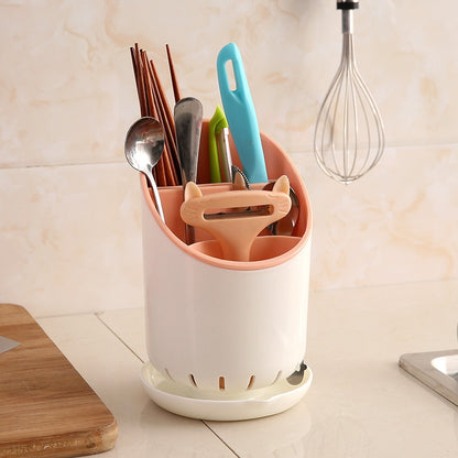ELECTROPRIME Creative Multi-function Double Drain Shelf Kitchen Chopsticks Storage Bucket Tableware Storage Box, Color:Pink