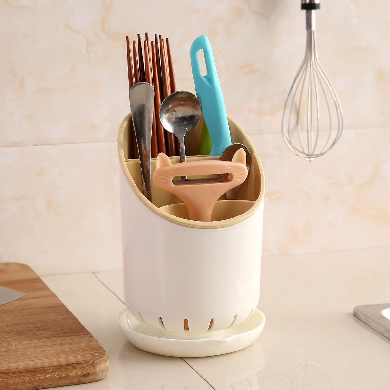 ELECTROPRIME Creative Multi-function Double Drain Shelf Kitchen Chopsticks Storage Bucket Tableware Storage Box, Color:Coffee