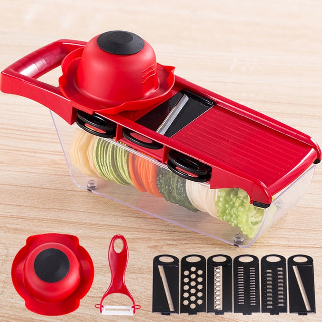 ELECTROPRIME 10 in 1 Multifuction Vegetable Cutter Stainless Steel Blade Manual Potato Onion Peeler Carrot Grater Dicer(Red)