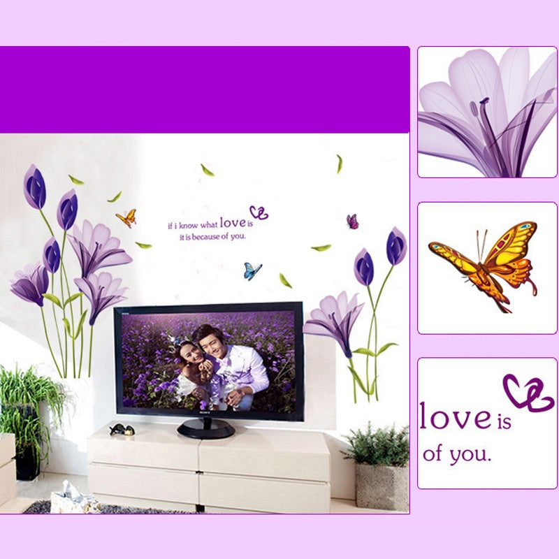 ELECTROPRIME Home Decor DIY Purple Lily Flower Posters Living Room Decorative Wall Stickers Removable Waterproof Stickers, Size:M