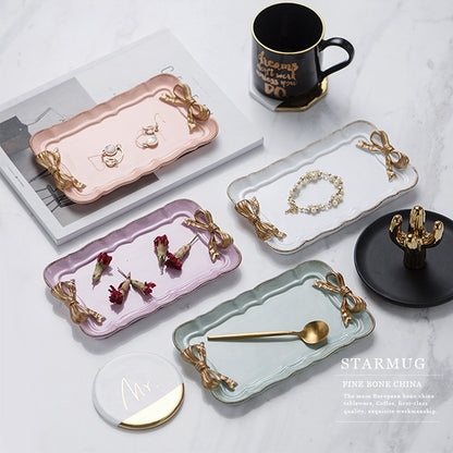 ELECTROPRIME Rectangle Cute Bow Cake Dessert Small Plate Towel Dish Small Jewelry Storage Tray(Pink)