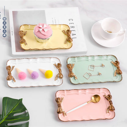 ELECTROPRIME Rectangle Cute Bow Cake Dessert Small Plate Towel Dish Small Jewelry Storage Tray(Blue)