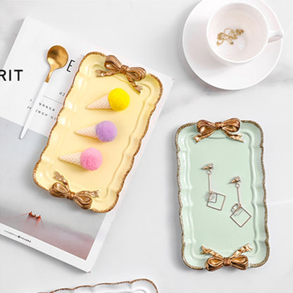 ELECTROPRIME Rectangle Cute Bow Cake Dessert Small Plate Towel Dish Small Jewelry Storage Tray(White)