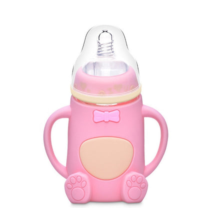 ELECTROPRIME Baby Silicone Glass Bottles Drop-proof and Flatulence-proof Glass Baby Bottle(Style 2 Pink)