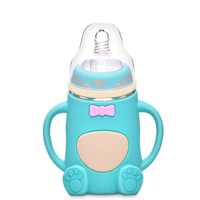 ELECTROPRIME Baby Silicone Glass Bottles Drop-proof and Flatulence-proof Glass Baby Bottle(Style 2 Cyan-blue)