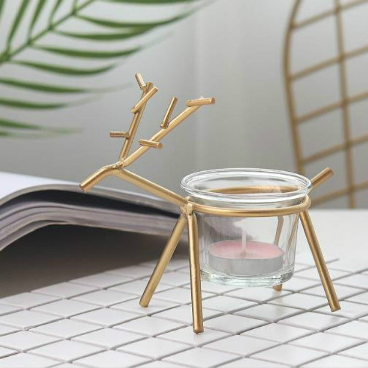 ELECTROPRIME Wrought Iron Deer Candlestick Home Desktop Atmosphere Decoration Candle Holder Decoration(Gold)