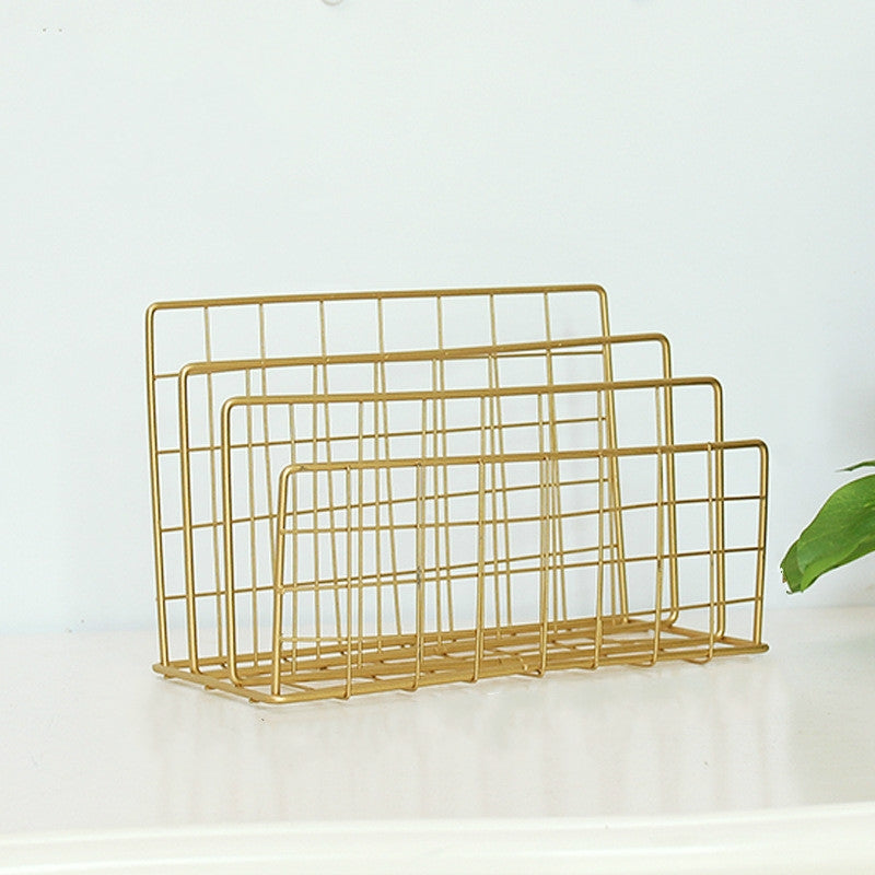 ELECTROPRIME Wrought Iron Desktop Storage Rack Magazine Rack(Gold)