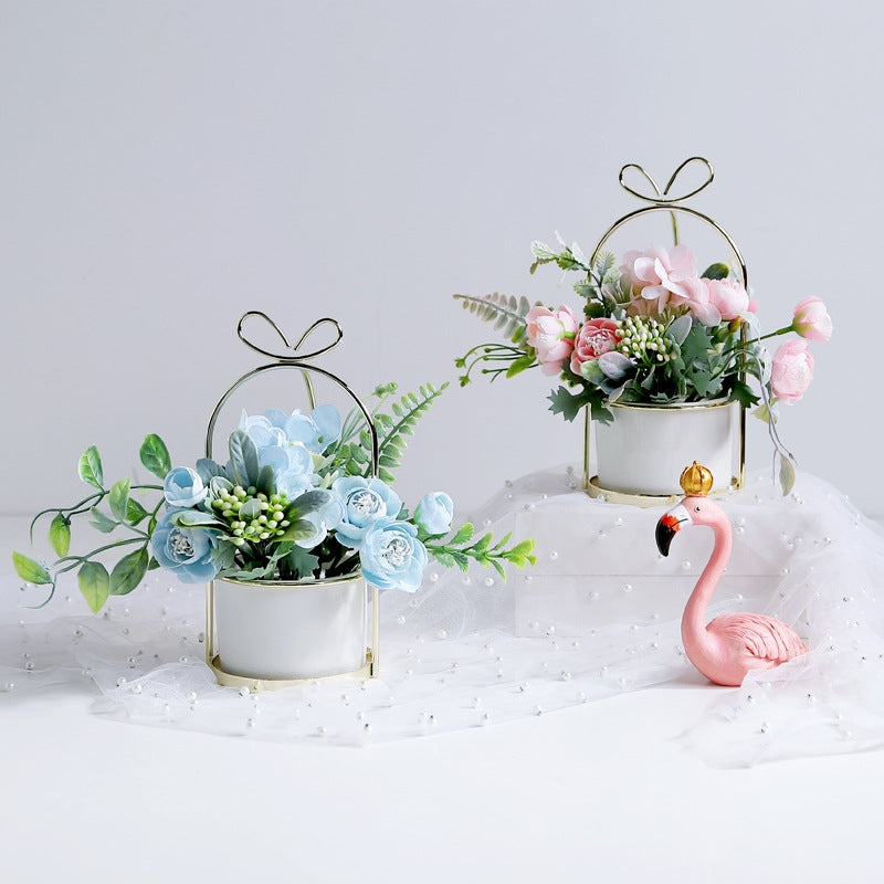 ELECTROPRIME Wrought Iron Portable Frame Hydrangea Flower Pot Decoration Ornaments Home Study Office Wedding Decoration(Light Pink)