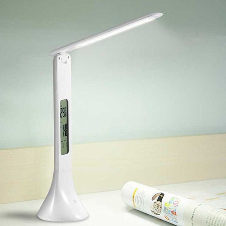 ELECTROPRIME 3.5W Foldable Dimmable Calendar Temperature Alarm Clock LED Table Lamp Night Reading Light(White)