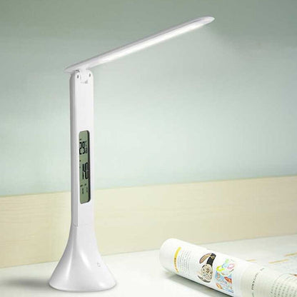 ELECTROPRIME 3.5W Foldable Dimmable Calendar Temperature Alarm Clock LED Table Lamp Night Reading Light(White)