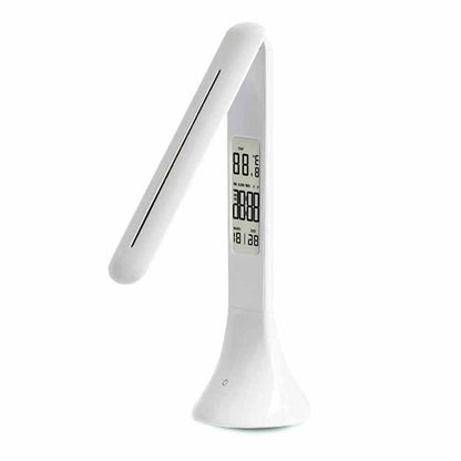 ELECTROPRIME 3.5W Foldable Dimmable Calendar Temperature Alarm Clock LED Table Lamp Night Reading Light(White)