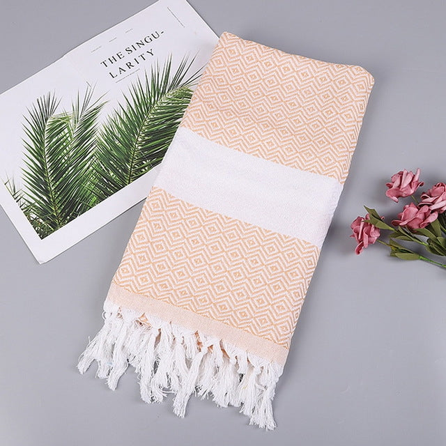 ELECTROPRIME Striped Cotton Bath Towel With Tassels Thin Travel Camping Bath Sauna Beach Gym Pool Blanket Absorbent Easy Care(Light Orange)