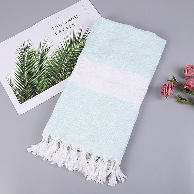 ELECTROPRIME Striped Cotton Bath Towel With Tassels Thin Travel Camping Bath Sauna Beach Gym Pool Blanket Absorbent Easy Care(Sky Blue)