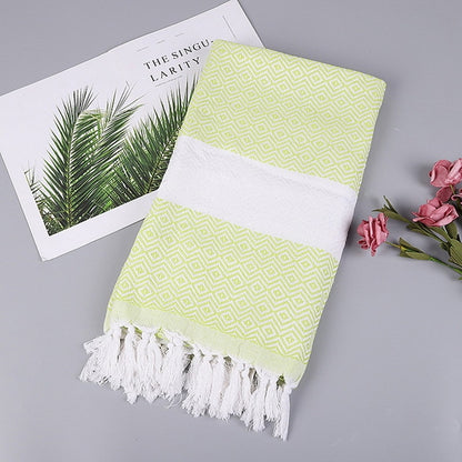 ELECTROPRIME Striped Cotton Bath Towel With Tassels Thin Travel Camping Bath Sauna Beach Gym Pool Blanket Absorbent Easy Care(Tender Green)
