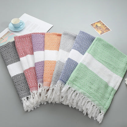 ELECTROPRIME Striped Cotton Bath Towel With Tassels Thin Travel Camping Bath Sauna Beach Gym Pool Blanket Absorbent Easy Care(Tender Green)