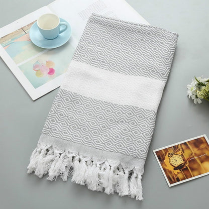 ELECTROPRIME Striped Cotton Bath Towel With Tassels Thin Travel Camping Bath Sauna Beach Gym Pool Blanket Absorbent Easy Care(Grey)