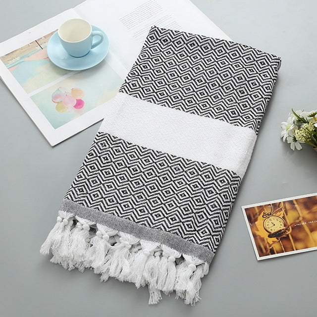 ELECTROPRIME Striped Cotton Bath Towel With Tassels Thin Travel Camping Bath Sauna Beach Gym Pool Blanket Absorbent Easy Care(Black)