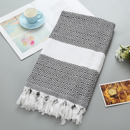 ELECTROPRIME Striped Cotton Bath Towel With Tassels Thin Travel Camping Bath Sauna Beach Gym Pool Blanket Absorbent Easy Care(Black)
