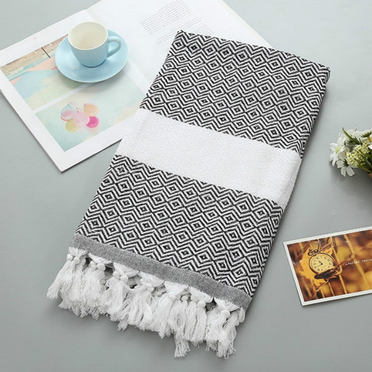 ELECTROPRIME Striped Cotton Bath Towel With Tassels Thin Travel Camping Bath Sauna Beach Gym Pool Blanket Absorbent Easy Care(Black)