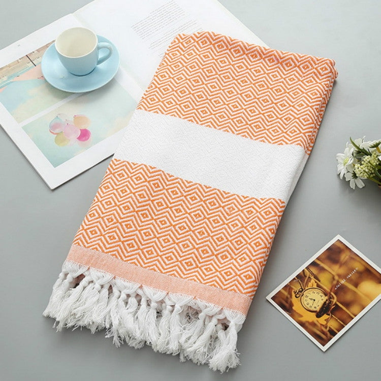 ELECTROPRIME Striped Cotton Bath Towel With Tassels Thin Travel Camping Bath Sauna Beach Gym Pool Blanket Absorbent Easy Care(Orange)