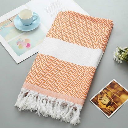 ELECTROPRIME Striped Cotton Bath Towel With Tassels Thin Travel Camping Bath Sauna Beach Gym Pool Blanket Absorbent Easy Care(Orange)