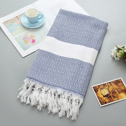 ELECTROPRIME Striped Cotton Bath Towel With Tassels Thin Travel Camping Bath Sauna Beach Gym Pool Blanket Absorbent Easy Care(Blue)