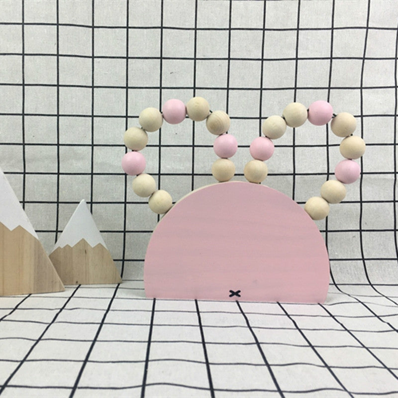 ELECTROPRIME Solid Wood Macarons Beads String Rabbit Ears Ornaments Children Photography Props(Pink)