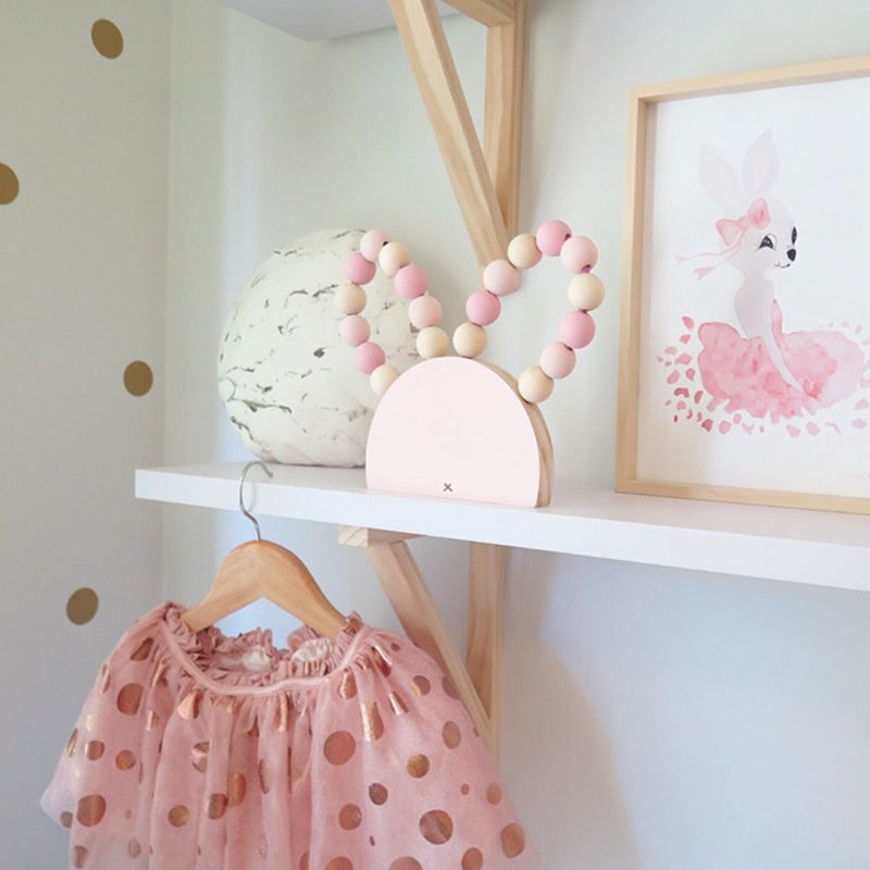 ELECTROPRIME Solid Wood Macarons Beads String Rabbit Ears Ornaments Children Photography Props(Pink)