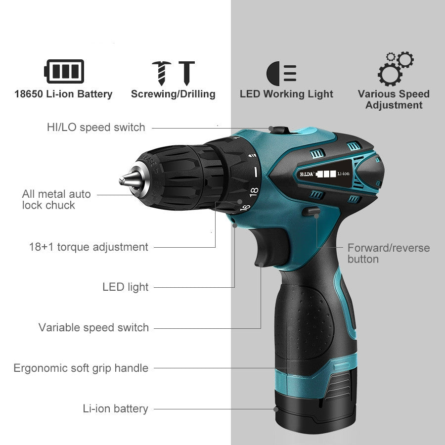 ELECTROPRIME HILDA Electric Drill Cordless Screwdriver Lithium Battery Mini Drill Cordless Screwdriver Power Tools, EU Plug, Model:12V with Carton Box