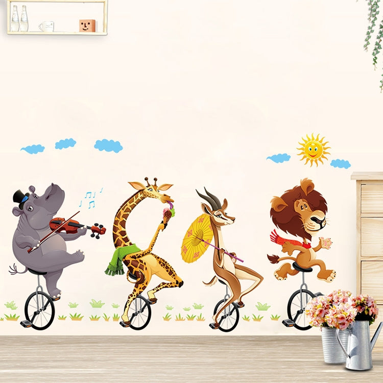 ELECTROPRIME Cartoon Animal Bicyling Wall Sticker Lion Giraffe Sticker Children Room Bedroom Background Wall Ornament Stickers