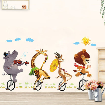 ELECTROPRIME Cartoon Animal Bicyling Wall Sticker Lion Giraffe Sticker Children Room Bedroom Background Wall Ornament Stickers