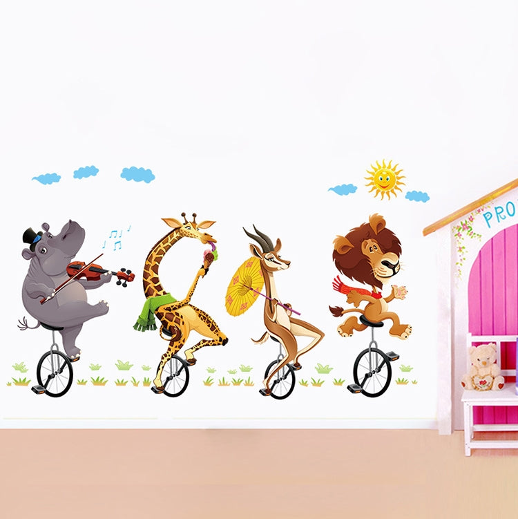 ELECTROPRIME Cartoon Animal Bicyling Wall Sticker Lion Giraffe Sticker Children Room Bedroom Background Wall Ornament Stickers