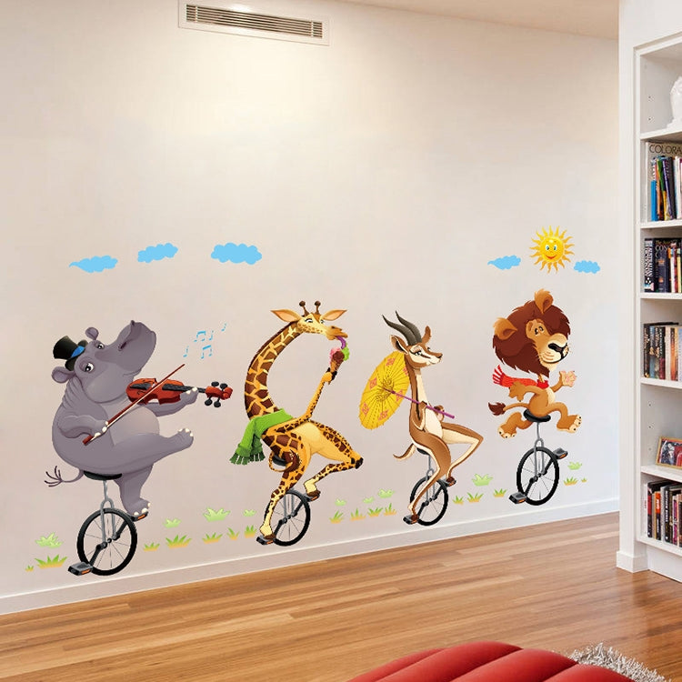 ELECTROPRIME Cartoon Animal Bicyling Wall Sticker Lion Giraffe Sticker Children Room Bedroom Background Wall Ornament Stickers