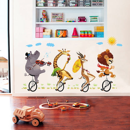 ELECTROPRIME Cartoon Animal Bicyling Wall Sticker Lion Giraffe Sticker Children Room Bedroom Background Wall Ornament Stickers