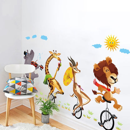 ELECTROPRIME Cartoon Animal Bicyling Wall Sticker Lion Giraffe Sticker Children Room Bedroom Background Wall Ornament Stickers